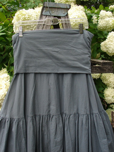 Bluefishfinder.com Barclay Linen Fold Over Single Tier Trinity Skirt, unpainted diatom size 0, shown in gray linen with a wide folded-over waistband and a single gathered tier. The skirt hangs from a clear hanger against a wooden backdrop, with soft white hydrangeas filling the background.