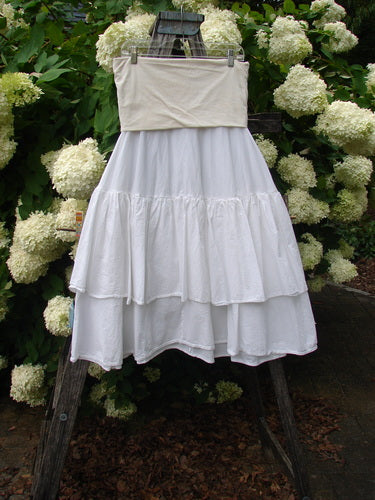 Bluefishfinder.com Barclay Linen Fold Over Two Tier Trinity Skirt in unpainted white, size 0, hangs from a rustic wooden ladder before a dense wall of white hydrangeas. The linen skirt shows a folded-over waistband and two airy tiered layers with a soft, textured drape.