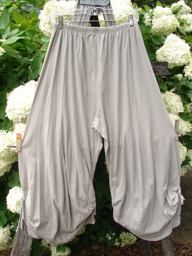 Bluefishfinder.com Barclay Crop Tie Bottom Crop 4 Square Pant in unpainted sand cloud, size 0, shown as loose, draped cropped pants with a gathered elastic waistband and tied hems. The soft matte fabric hangs in a pale gray-beige silhouette against dense green foliage and white blooms.
