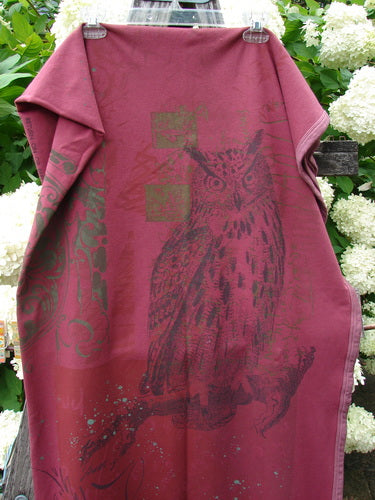 Bluefishfinder.com Barclay Heavy Weight Organic Sweatshirt Blanket Owl Forest Trimmed Burgundy OSFA, a burgundy blanket with a large owl and forest graphic in darker tones. The heavyweight organic sweatshirt fabric has a soft, draped texture, and the trimmed edges frame the tall rectangular shape.