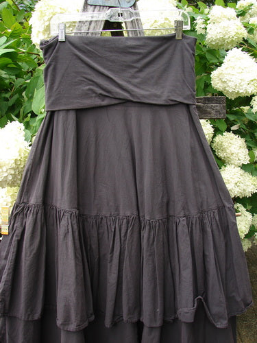 Bluefishfinder.com Barclay Linen Fold Over Two Tier Trinity Skirt, unpainted Brum size 0, in dark charcoal linen with a wide fold-over waistband and two gathered tiers. The skirt hangs from a wooden rail amid pale white flowers, emphasizing its soft drape and textured, layered silhouette.