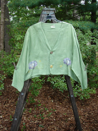 1999 Weathervane Jacket Tea Heart Spearmint Size 2 displayed on a hanger, featuring unique front mix-match buttons, a deeper V-shaped neckline, inward rounded hem, and tea and heart theme paint.