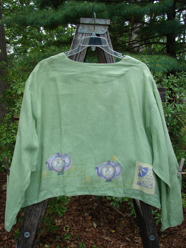 1999 Weathervane Jacket Tea Heart Spearmint Size 2 featuring unique front mix-match buttons, inward rounded side hem, deeper V neckline, and tea and heart theme paint.