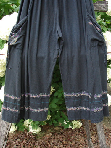 Bluefishfinder.com Barclay Crop Tie Pocket Pinch Pant Wind Chain Black Size 0, cropped black pants with a loose drape, tie pockets, and gathered pinch detailing. The soft-looking fabric falls over a leafy outdoor backdrop, finished with narrow floral trim near the hems.
