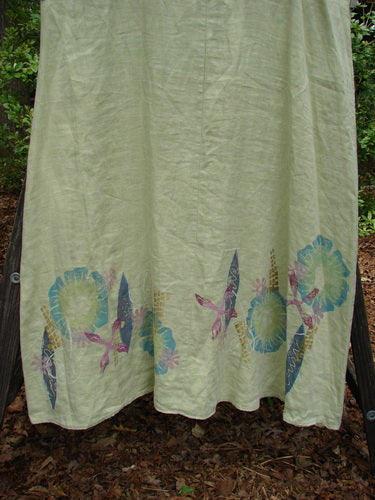 Barclay Linen Tank Dress Undersea Celery Size 2 featuring a rounded neckline, downward curved empire waist seam, and sweeping lower skirt with an undersea-themed design around the hem.