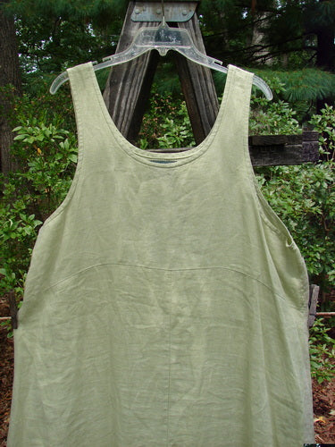 Barclay Linen Tank Dress Undersea Celery Size 2 displayed on a wooden fence, showcasing its rounded neckline, downward curved empire waist seam, and sweeping lower skirt.