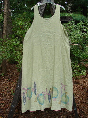 Barclay Linen Tank Dress Undersea Celery Size 2 with a rounded neckline, curved empire waist seam, and sweeping skirt, featuring an undersea theme painted around the hem.