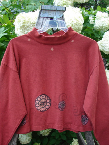 Bluefishfinder.com 1997 Structure Top Continuous Pinwheel Brick OSFA in deep brick red, a cropped long-sleeve top with a soft, slightly faded knit and a scalloped mock neck. Circular pinwheel motifs sit near the hem and sleeves, while the garment hangs on a clear hanger against leafy white hydrangeas.