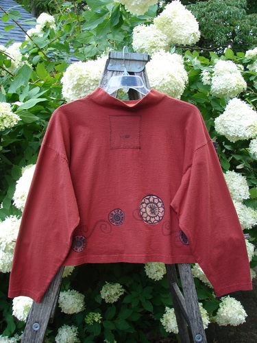 Bluefishfinder.com 1997 Structure Top Continuous Pinwheel Brick OSFA, a brick-red cropped long-sleeve top with a high mock neck and loose shoulders. The soft, matte fabric is marked by a square chest patch and a row of pinwheel motifs near the hem, hanging on a wooden ladder before white hydrangeas.
