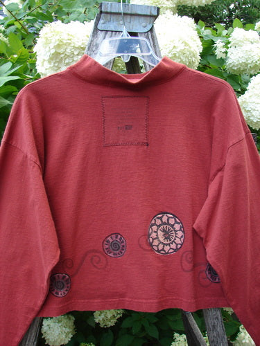 Bluefishfinder.com 1997 Structure Top Continuous Pinwheel Brick OSFA, a brick-red cropped long-sleeve top with a high mock neck and loose, boxy shape. The soft knit fabric shows a small square chest patch and pinwheel motifs along the hem, hanging outdoors against white flowers and dark greenery.