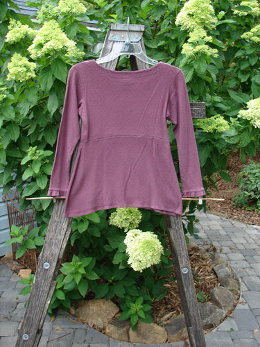 2000 Wool Pointelle Anais Top Unpainted Murple Tiny Size 0 displayed on a wooden ladder, showcasing its unique lettuce edging, empire waist seam, and narrow lower sleeves.