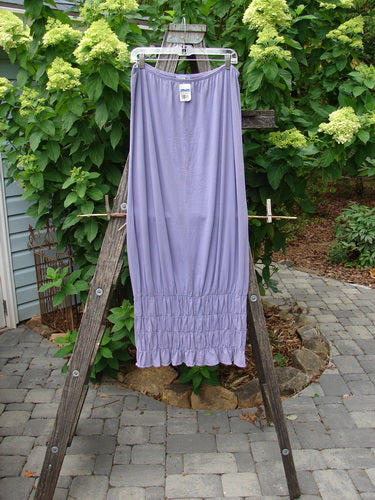 2000 NWT Rings of Saturn Skirt Unpainted Twilight Size 2 displayed draped over a wooden ladder in an outdoor garden setting, showcasing its full skinny elastic waist and tapered lower design.