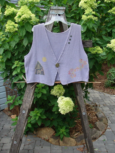 1995 Reprocessed Jazz Vest Magical Home Mulberry Size 1, displayed on a wooden ladder, featuring a deep V-neck, single button closure, and contrasting angled front hemline with a straight back hemline.