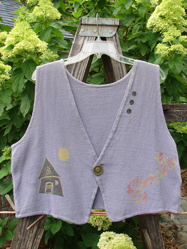 1995 Reprocessed Jazz Vest Magical Home Mulberry Size 1; features unique illustrations, deep V-neck, single button closure, contrasting hemline, and heavy textured cotton, highlighting vintage Blue Fish Clothing’s creative and durable design.