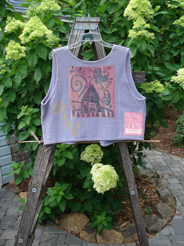 1995 Reprocessed Jazz Vest Magical Home Mulberry Size 1 displayed on a wooden easel, featuring a single button closure, deep V-neck, and contrasting front angled hemline.