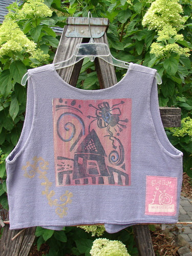 1995 Reprocessed Jazz Vest in Mulberry, features a deep V-neck, single button closure, and contrasting front angled hemline. Decorated with a unique Magical Home theme paint. Size 1, perfect condition.