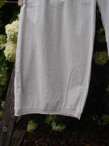 Bluefishfinder.com Barclay Batiste Tiny Flutter Pocketless Pant in unpainted pale pink, Size 1, shown as a soft, lightweight pant with a smooth drape and fluttering hem. The fabric falls in a long vertical panel against dark wood and pale flowers, with muted pink-gray tones and a delicate, airy finish.