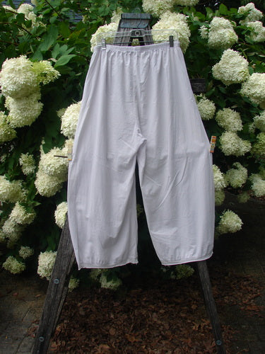 Bluefishfinder.com Barclay Batiste Tiny Flutter Pocketless Pant in unpainted pale pink, size 1, shown as lightweight, pocketless pants with a soft gathered waistband and loose straight legs. They hang from a dark wooden stand amid white hydrangea blooms and dense green foliage.