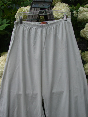Bluefishfinder.com Barclay Batiste Tiny Flutter Pocketless Pant in unpainted white, size 1, with a soft, airy drape and a loose, straight silhouette. The lightweight fabric hangs from a clipped hanger, its smooth surface catching muted outdoor light against leafy greenery.
