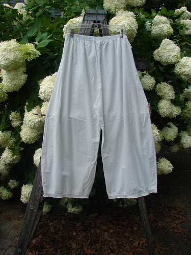 Bluefishfinder.com Barclay Batiste Tiny Flutter Pocketless Pant in unpainted white, size 1, hangs from a wooden stand with a soft, airy drape and fluttering wide legs. The lightweight batiste fabric shows a matte, slightly crinkled texture, with a pocketless front and pale neutral tone.