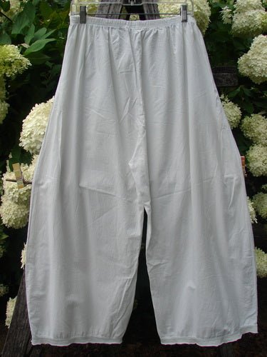Bluefishfinder.com Barclay Batiste Tiny Flutter Pocketless Pant in unpainted white, size 1, with a loose wide-leg silhouette, elastic waistband, and softly wrinkled batiste fabric. The pants hang centered against dense green foliage and pale hydrangea blooms, creating a muted, natural backdrop.