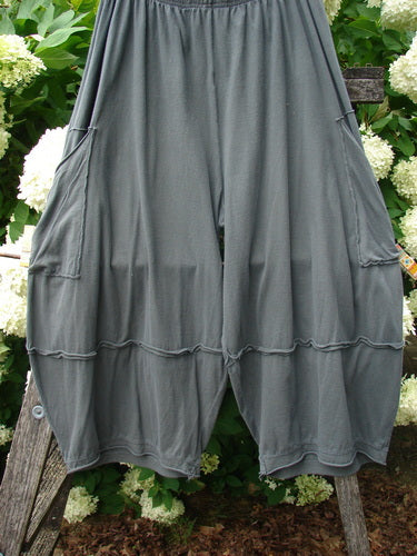 Bluefishfinder.com Barclay Crop 2 Pocket Barrel Pant in unpainted steel night, size 1, with a wide cropped barrel silhouette, gathered waist, and two large side pockets in soft, draped fabric. The dark gray pants hang against leafy greenery, with layered seams and a gently ruffled hem.