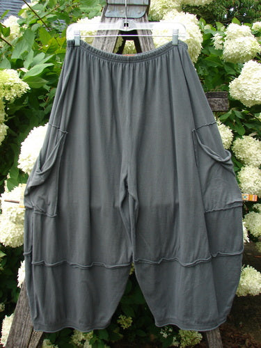 Bluefishfinder.com Barclay Crop 2 Pocket Barrel Pant in Unpainted Steel Night, Size 1, shown as loose charcoal-gray cropped barrel pants with an elastic waist, two side pockets, and softly gathered seams. The drapey fabric hangs against a leafy floral backdrop.