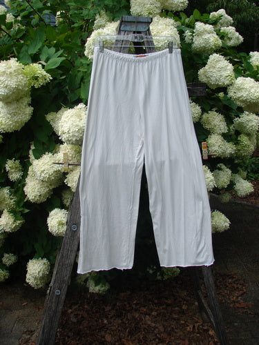 Barclay Raw Edge Wide Leg Pocketless Pant in unpainted natural, size 1, hangs from a wooden rack amid white hydrangeas. The light fabric falls in a loose wide-leg silhouette with a raw hem and no pockets, its pale neutral tone set against dark wood and greenery.