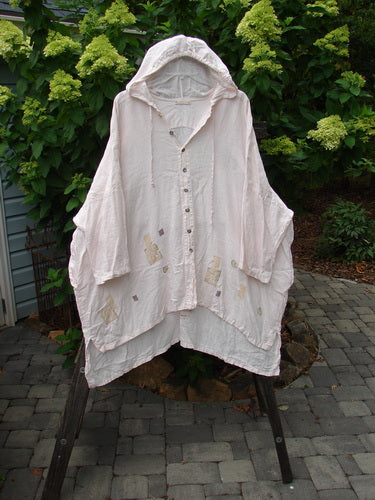 1997 Seaspray Hooded Jacket Undersea Pink Orchid OSFA: Oversized hooded jacket with front metal buttons, deep side pockets, and shirttail hemline, featuring an undersea life theme, made from medium weight linen.