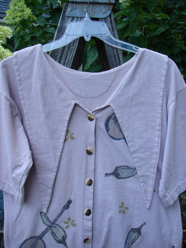 1994 Compass Top Mixed Garden Plave Size 1, featuring a big pointed collar, BF buttons, side vents, detailed garden-themed design, and a '94 stamp under the back collar.