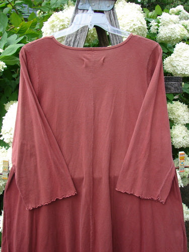 Bluefishfinder.com Barclay Three Quarter Sleeve Color Wheel Tunic Tulip Dream Clay Size 1 in muted clay pink, with a wide boat neckline and three-quarter sleeves finished in a soft, lightly textured drape. The tunic hangs from a hanger in front of white flowers and greenery, creating a natural, outdoor backdrop.