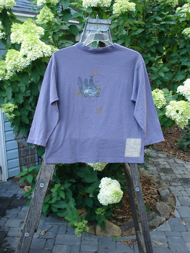 1996 Long Sleeved Tee Earth Sky Sea Mulberry Size 0 displayed on a wooden ladder, featuring a rounded ribbed neckline and boxy crop shape, highlighting its vintage, well-preserved condition.