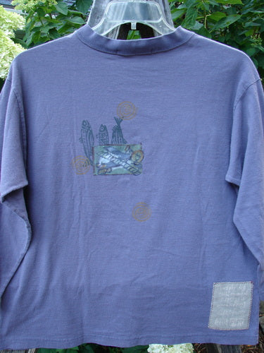 1996 Long Sleeved Tee Earth Sky Sea Mulberry Size 0, featuring a boxy crop shape, rounded ribbed neckline, and medium weight organic cotton with a unique design.