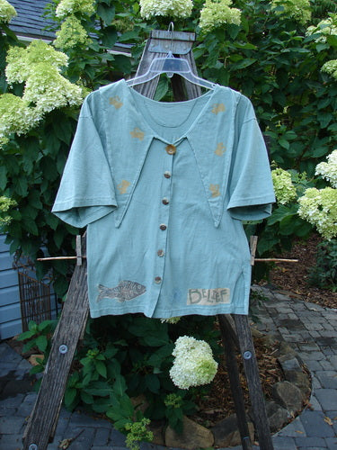 1994 Compass Top Belief Fish Sea Water Size 1, featuring a big pointed over collar, original BF buttons, and detailed fish theme paint, displayed on a hanger.