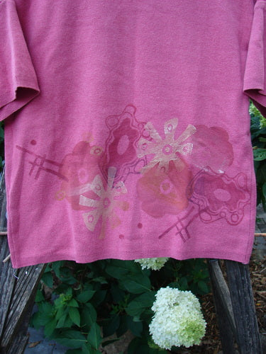 1997 Cotton Cashmere Crop Pullover Wind Flower Geranium Altered OSFA - pink shirt with floral pattern, short sleeves, rolled ribbed neckline, and drop shoulders, made from soft cotton cashmere knit.