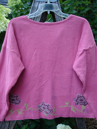 1997 Cotton Cashmere Long Sleeved Cardigan, Stone Flower Geranium Altered OSFA, featuring a lovely detailed stone flower pattern, slightly shorter thinner shape, drop shoulders, ribbed hemline, and full front matching buttons.