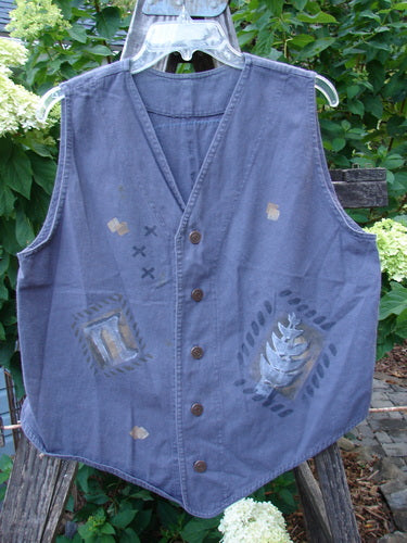 1995 Denim Invention Vest Fern Flower Madderlake Altered OSFA, featuring a lightweight denim with fern and flower designs, metal buttons, varying hemline, and drawcord back. Perfect condition, rare, and durable.