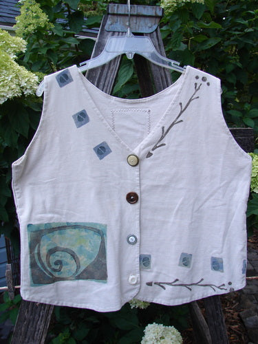 1993 The Vest Wind Twig Tea Dye Altered Size 1: A white vest with blue designs, featuring vintage blue fish buttons, tuxedo-style tails, and a draw-corded back with metal grommets.