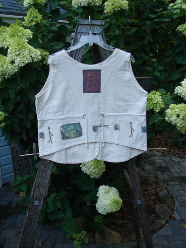 1993 The Vest Wind Twig Tea Dye Altered Size 1, displayed on a wooden ladder, featuring a tuxedo-style front, upward rounded rear hem, vintage buttons, and a signature '93 patch.