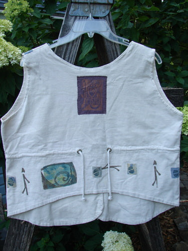 1993 The Vest Wind Twig Tea Dye Altered Size 1, featuring vintage blue fish buttons, a tuxedo front, rounded rear hem, draw-corded back, and signature '93 patch, in excellent condition.