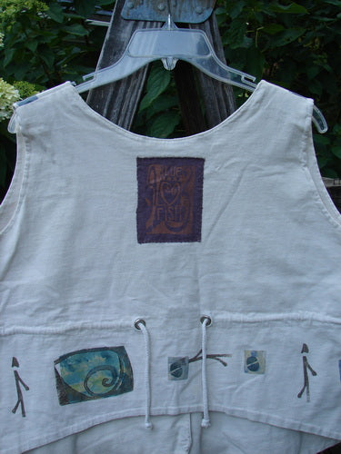 1993 The Vest Wind Twig Tea Dye Altered Size 1, featuring vintage blue fish buttons, tuxedo-style front tails, draw-corded back, and signature '93 patch, displayed on a hanger against a plain backdrop.