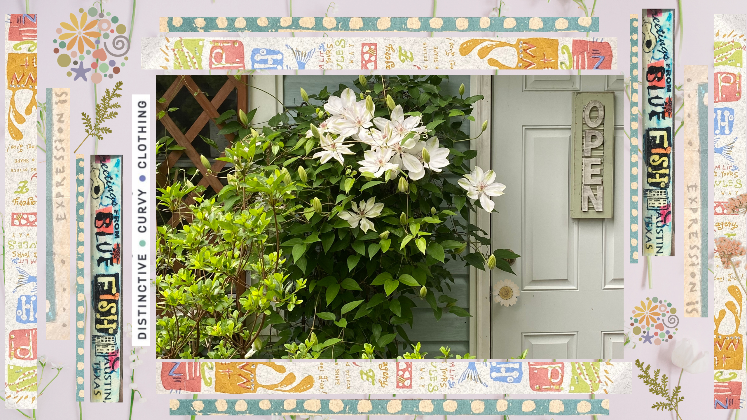 Video Clip in a Rectangle Shape with pastel border and title font welcoming visitors to our site by showing a white door with a daisy knob and gardens all around a small building with a stone pathway