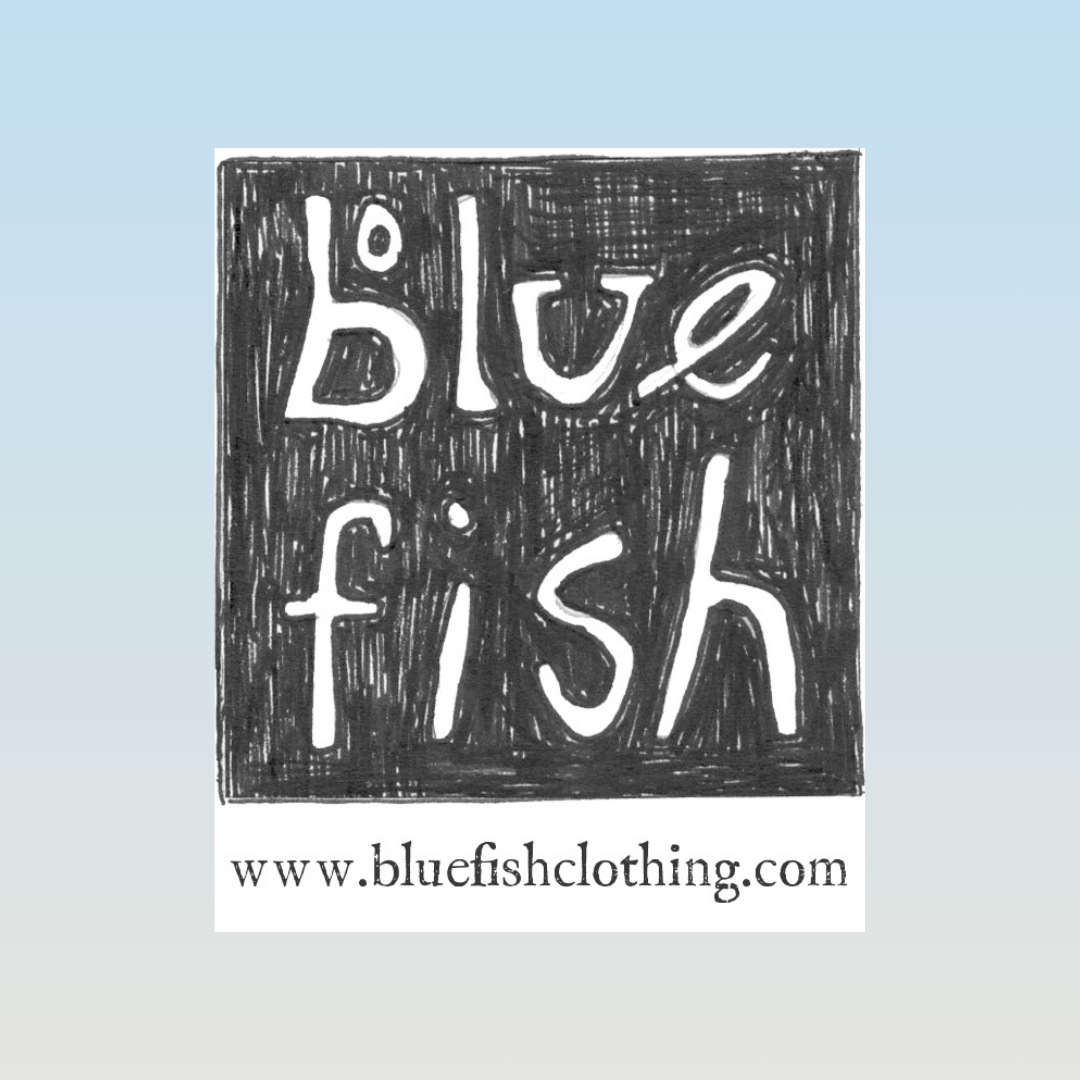 Hand-drawn logo with “blue fish” in sketchy lettering, showcasing the ADMIN: Sewing Jobs product, emphasizing the service of sending parcels for color repairs. URL “www.bluefishclothing.com” is beneath the logo.