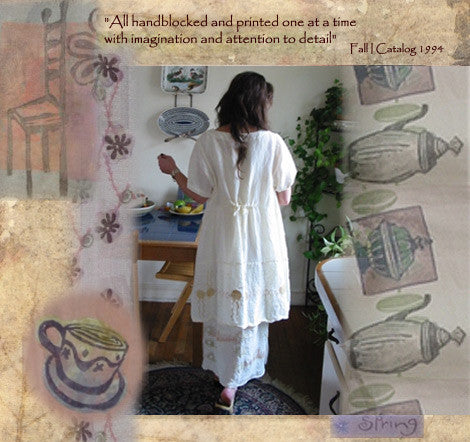 Girl posing from the back with arms in front in a white top and straight skirt surrounded by an indoor plant scene and border depicting whimsical images like the pitchers coffee cup flowers chairs and urns. Colors are musted t in whites creams, greens, blues and pink