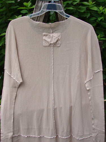 Barclay Cotton Mesh Exterior Stitch Sectional Overtop Unpainted Cloud Size 2, showcasing a sheer, long-sleeve design with exposed seams and a distinct fabric patch at the back neckline, hanging outdoors.