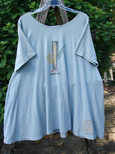 1995 Hop Scotch Dress Garden Friends Beach Glass Size 2, displayed on a ladder, features a scooped neckline, stylized column graphic, A-line shape, rounded pocket, and sweeping hem, embodying BlueFishFinder's vintage charm.