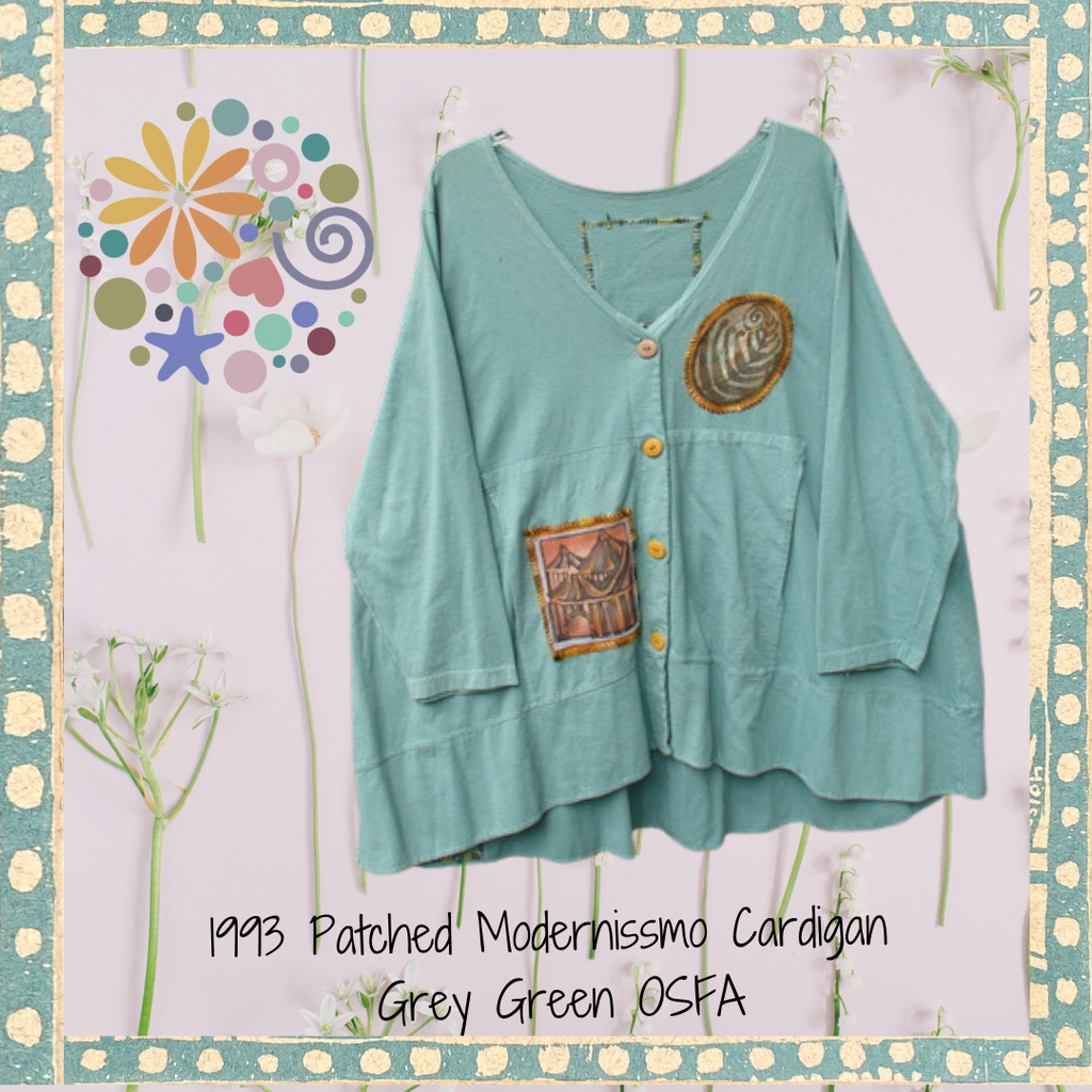 A Square image with cream and green Floral Stem Background and floating Jacket in Teal with Travel and Fern patches, Circular Logo in the upper left corner done in pastels with hearts dots and stars words on the bottom under the featured garment Ferns done in pastels in an expressionistic whimsical manner.