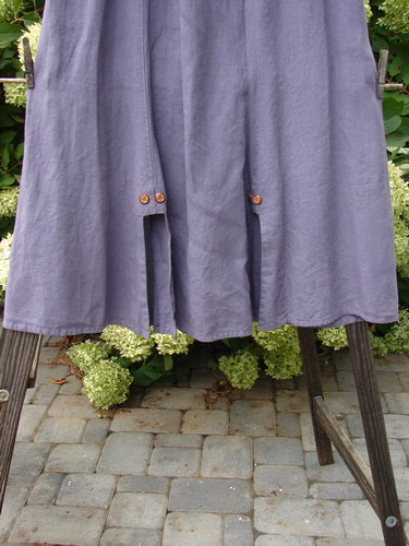 A close-up of a Barclay Linen Double Button Back Vent Skirt in Iris. Features include a full elastic waistline, unique front double button vents, and a rear kick vent. Size 2.