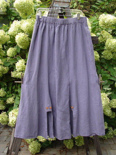 Barclay Linen Double Button Back Vent Skirt Unpainted Iris Size 2: A mid-weight linen skirt on a clothesline with unique front double button vents and a rear kick vent.