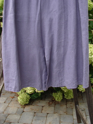 Barclay Linen Double Button Back Vent Skirt in Iris, Size 2. A purple pants on a clothesline with unique front double button vents.